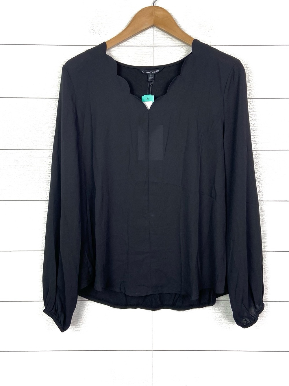 NWT 41 HAWTHORN Stitch Fix Black Scallop Detail Mixed Material Blouse Medium